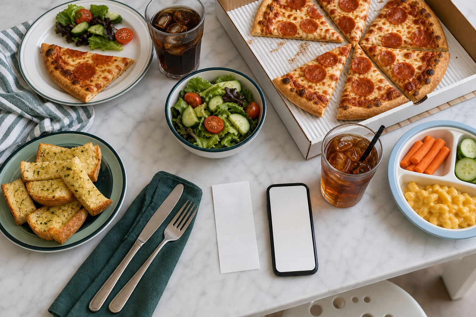 Shared pizza, salad, sides, drinks, a blank phone, and a face-down receipt on a table.